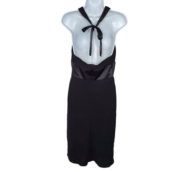 90s Y2K Black Halter Dress 6 Small Satin V Neck Plunge Party Cocktail Occasion - Picture 2 of 5
